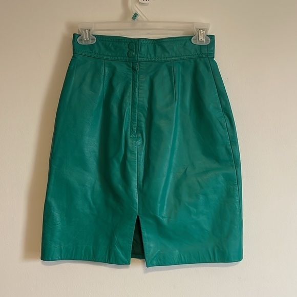 Retro 80s Leather Skirt Teal Mini 6 90s Max Edgy Glam Rock VTG Yucatán Bay - Picture 8 of 15
